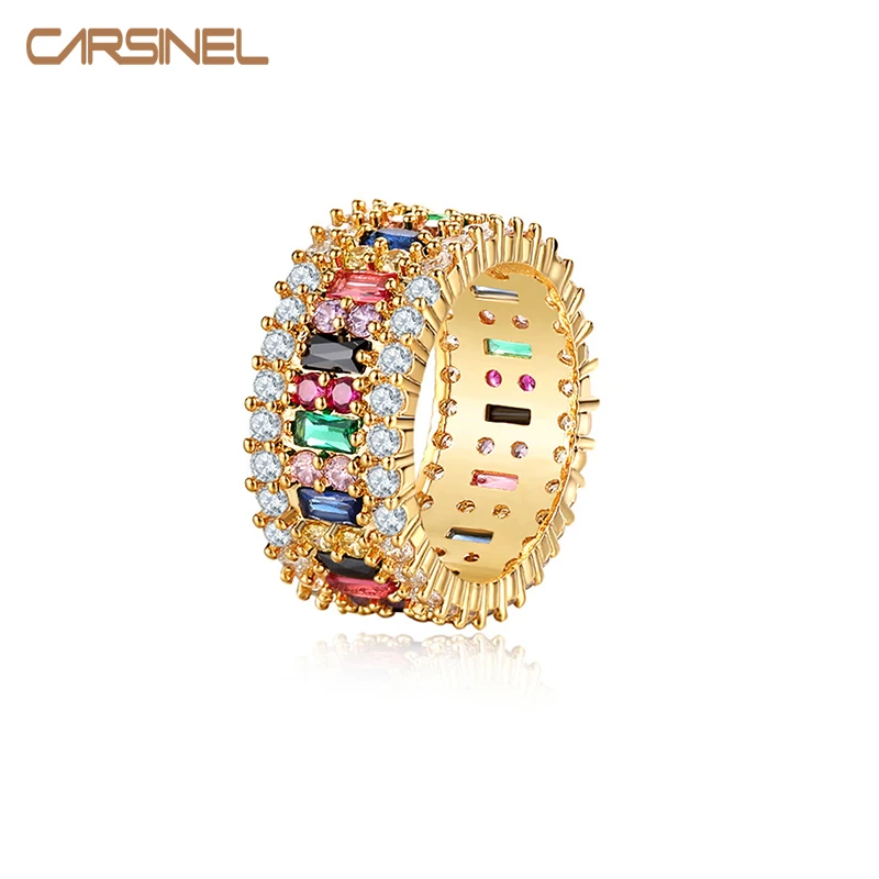 

CARSINEL Luxury Brand Gold color Unique Design Colorful Cubic Zirconia Ring Paved Austrian CZ Fashion Women Wedding Ring Jewelry
