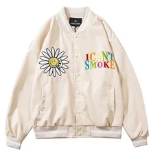

New Men PU Leather Patchwork Bomber Jacket Daisy Embroidery Letter Spring and Autumn College style Men's Baseball Jacket 2021