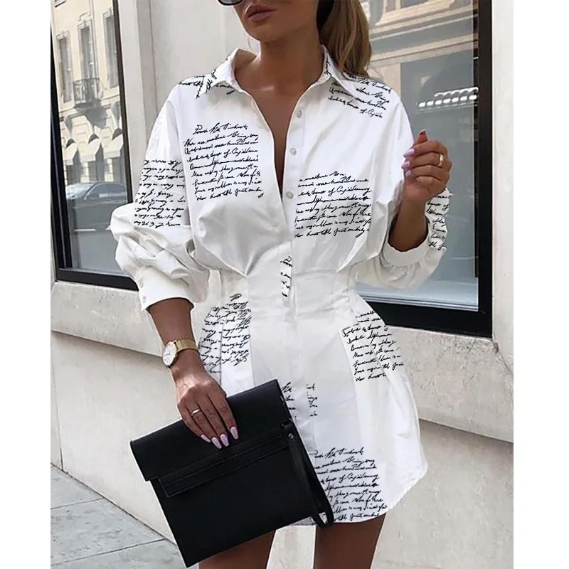 

New Fashion Women Streatwear Mini dresses Long Lantern Sleeve Letter Print Tight Waist Shirt Dress
