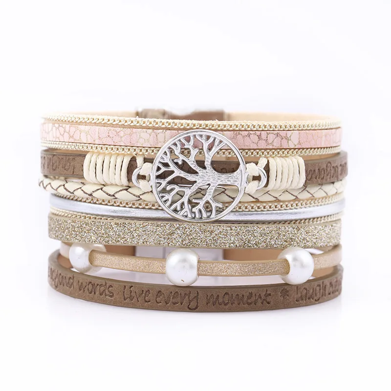 

Tree of Life Leather Charm Bracelets for Women Fashion Couple Bracelet Pearl Bohemian Multilayer Wide Wrap Gifts