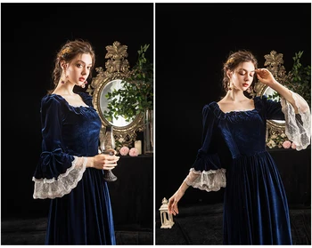 

real vintage navy velvet medieval gown long dress European court Gown queen dress Victorian Belle