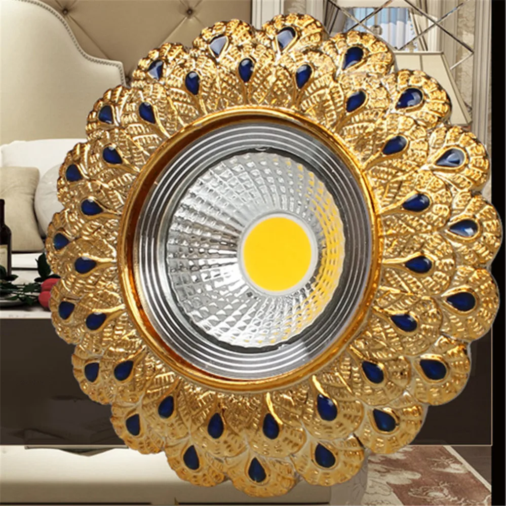 유럽 럭셔리 골드 수지 공작 깃털 임베디드 다운 라이트, 3W 5W 110V 220V 오픈 홀 6Cm 복도 Led 램프 로비 아트 스포트라이트