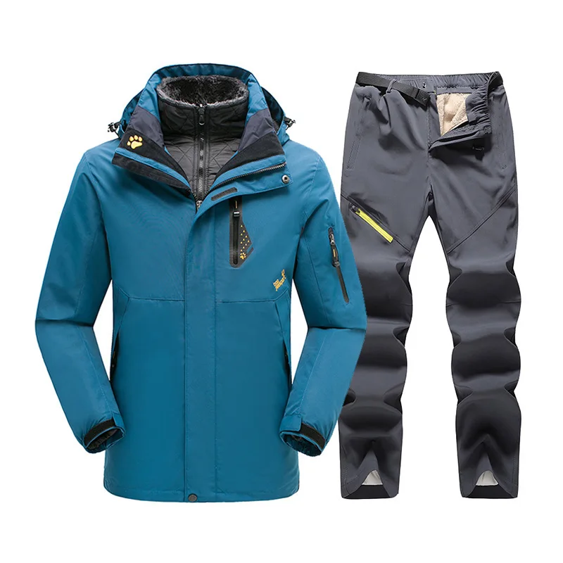Royal blue Gray 30 °C Зимний лыжный костюм для мужчин, Супер Теплая Лыжная куртка и зимние штаны, уличная водонепроницаемая ветрозащитная Лыжная и Сноубордическая куртка, наборы - Цвет: Royal blue Gray