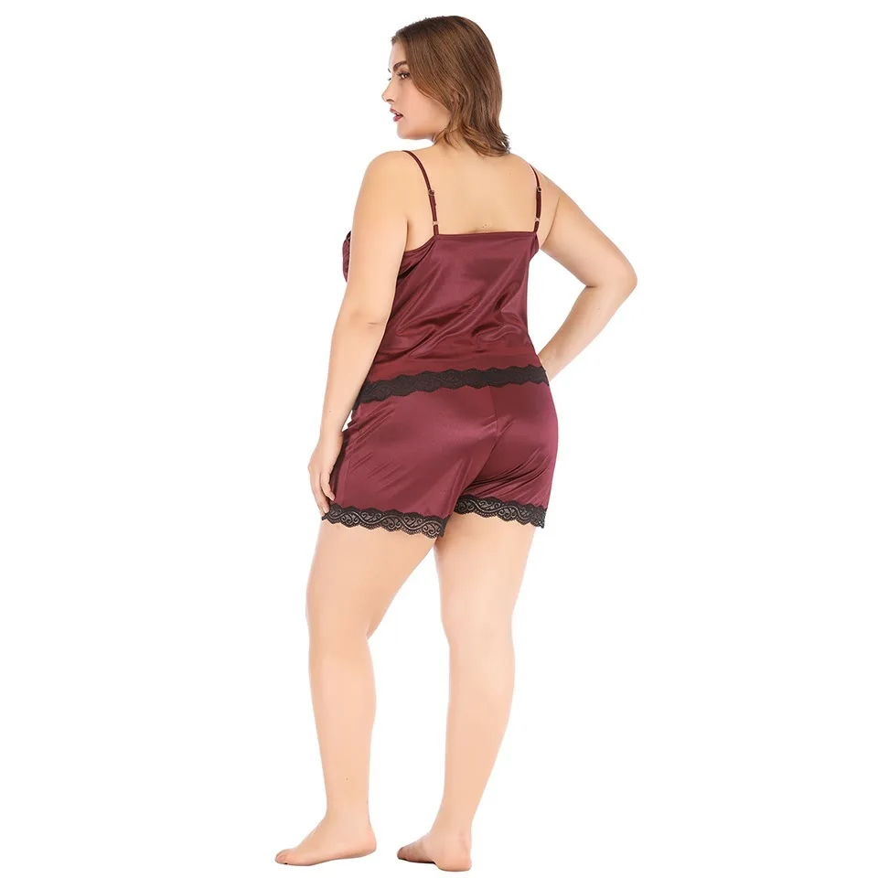 

Summer Large Size Lace 2 Piece Pajama Set Women Burgundy Plus Size Sexy Sleepwear Cute Satin Cami Shorts Ladies Nightwear Pj Set
