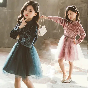 

Teenage Girls Princess Dress Pleuche Mesh Denim Patchwork Shirt Dress Kids Dresses for Girls Clothes Kids Costume 12 13 Years