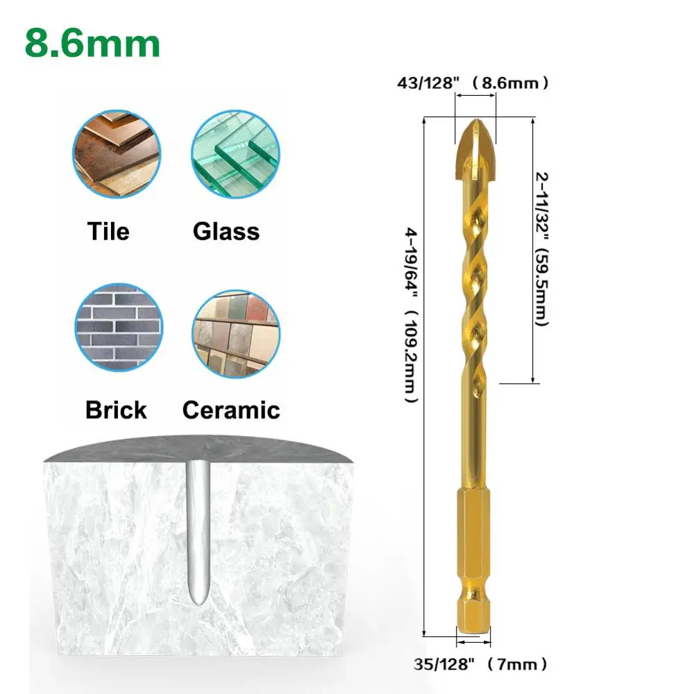 5 шт. 7 мм шестигранный хвостовик Спиральные стеклянные биты титановые керамические сверла набор 4 6 8 10 12 мм Плитка Бетон крест наконечник отверстие бит плитка
