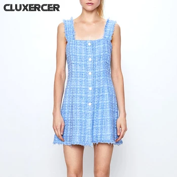 

2020 Spring Summer Sexy Sleeveless Backless Mini Dress Women Vintage Diamond Plaid Tweed A-Line Party Dresses Ladies Vestidos