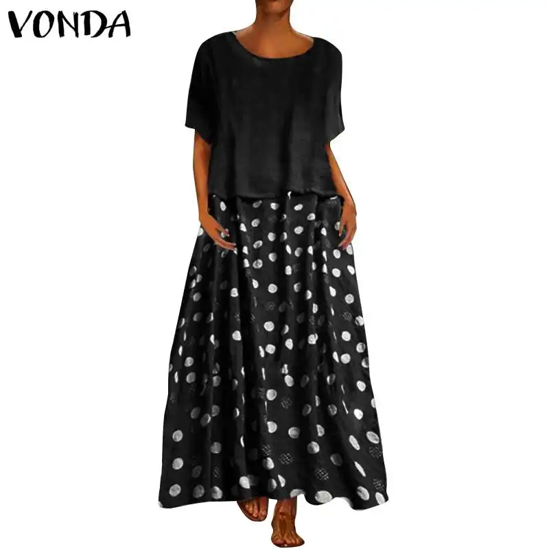 VONDA женское Макси длинное платье летнее платье богемное винтажное платье с коротким рукавом плюс размер Повседневное свободное платье с принтом Vestido - Цвет: Черный