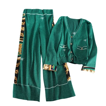 

Bright silk spring autumn V-neck knitted cardigan coat +wide leg pants two piece sets women