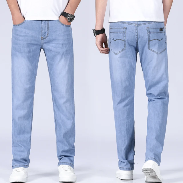 Men's Thin Jeans Spring Summer New Business Fashion Elastic Loose Straight  Denim Pants Light Blue Trousers Plus Size 40 42 44 - AliExpress