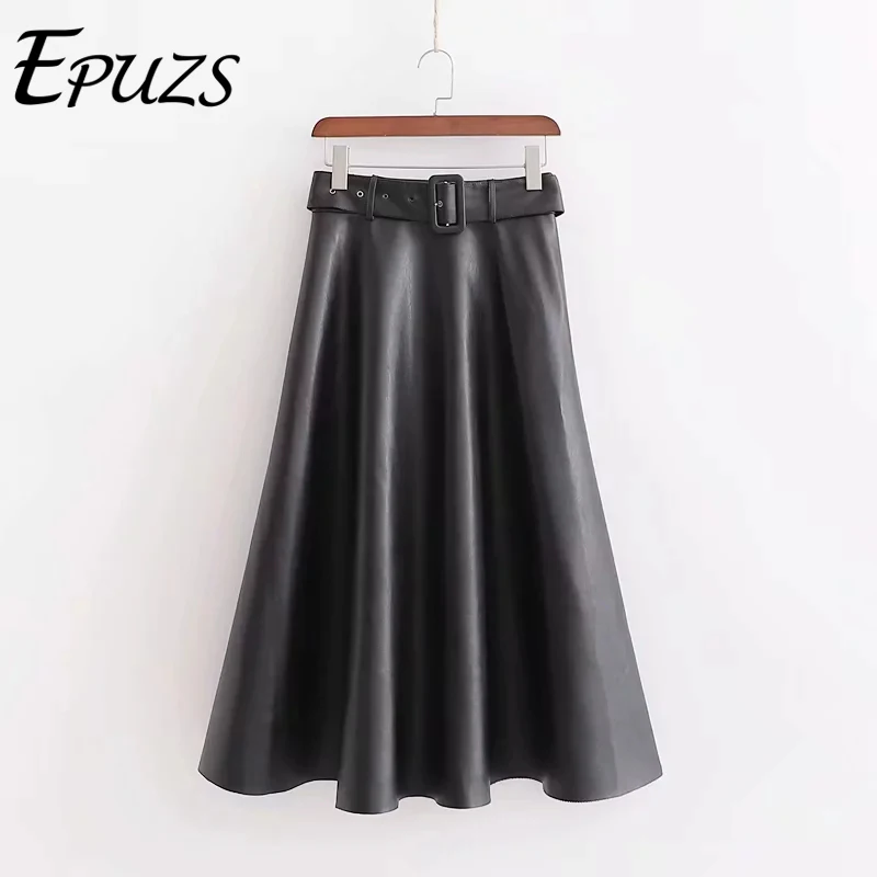 

Vintage black pu leather skirts Womens High Waist pleated skirt Streetwear Casual belt Office long skirt winter faldas mujer