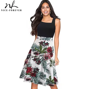 

Nice-forever Summer Flower Printed Irregular neckline vestidos A-Line Pinup Women Party Flare Dress btyA090