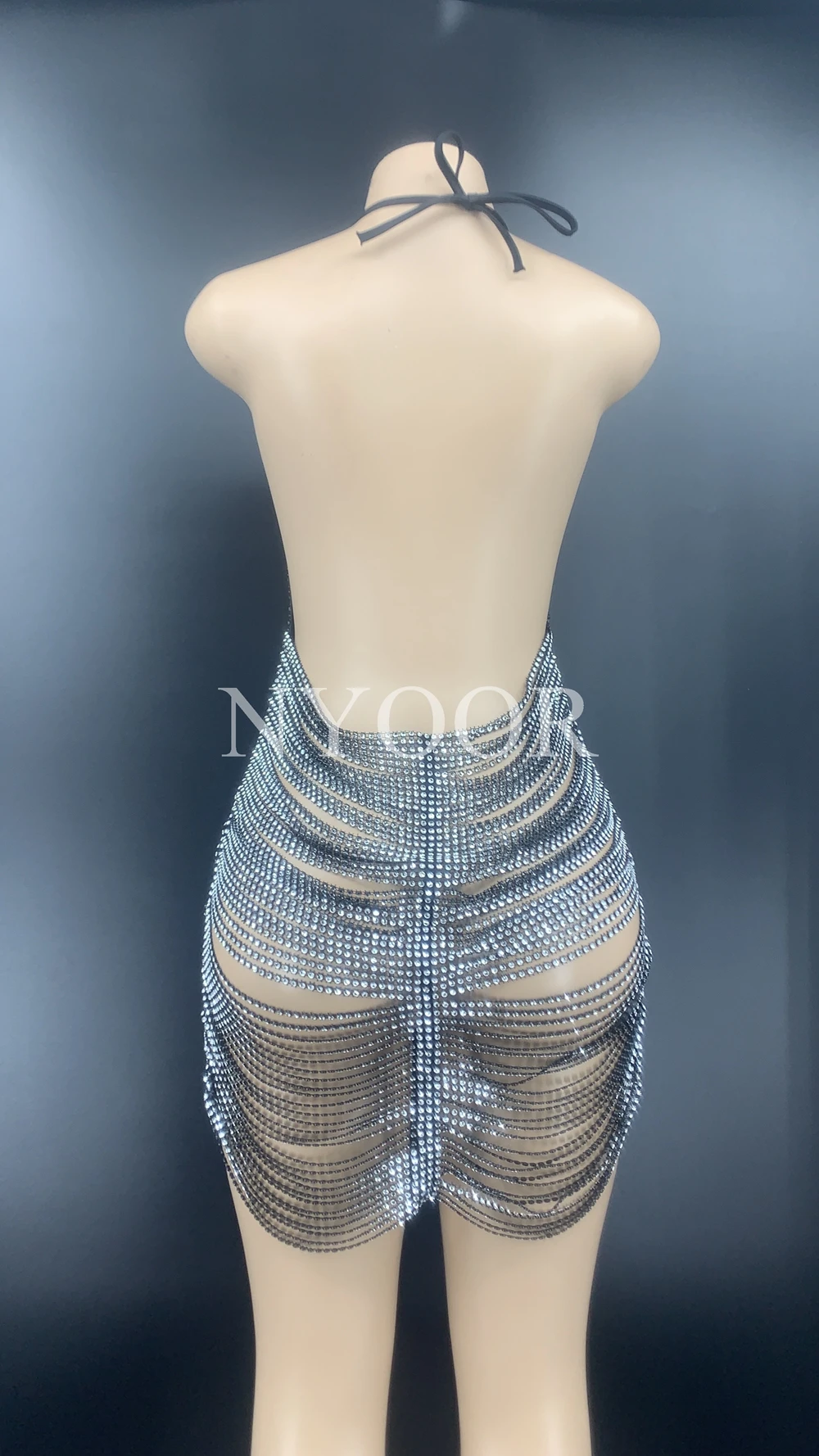 Shining Chains Halter Backless Short Dress Black Birthday Celebrate Party Dress Bar Club Dance Hollow Outfit