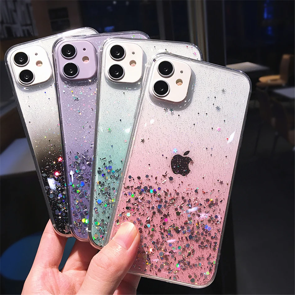 iphone 12 pro flip case Clear Glitter Phone Case For iPhone 13 12 Pro 11 Pro Max XS Max XR X 7 8 Plus 12Mini SE 2020 Cute Gradient Rainbow Sequins Coque iphone 12 pro waterproof case