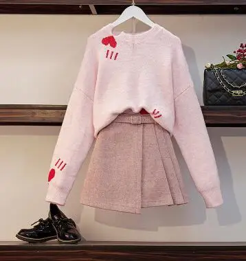 pink Осенне-зимний женский спортивный костюм, милый вязаный пуловер, свитер+ тонкая юбка, комплект из двух предметов, Женская винтажная одежда, костюмы, наряд R153 - Цвет: pink
