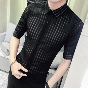 

2019 New style Fashion male summerHollow out lace Half sleeve shirts/Men's lapel Casual business shirts/Plus size S-3XL
