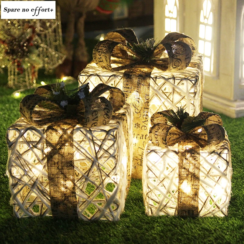 Decoração de natal caixa de presente de três peças ornamentos de árvore de natal luminosa arte de ferro casa decorações de natal ao ar livre shopping