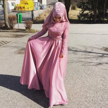 

Sexy Elegant Women Formal Gala Long Dress Plus Size Arabic Muslim Pink Long Sleeve Evening Prom Dresses Gown 2019