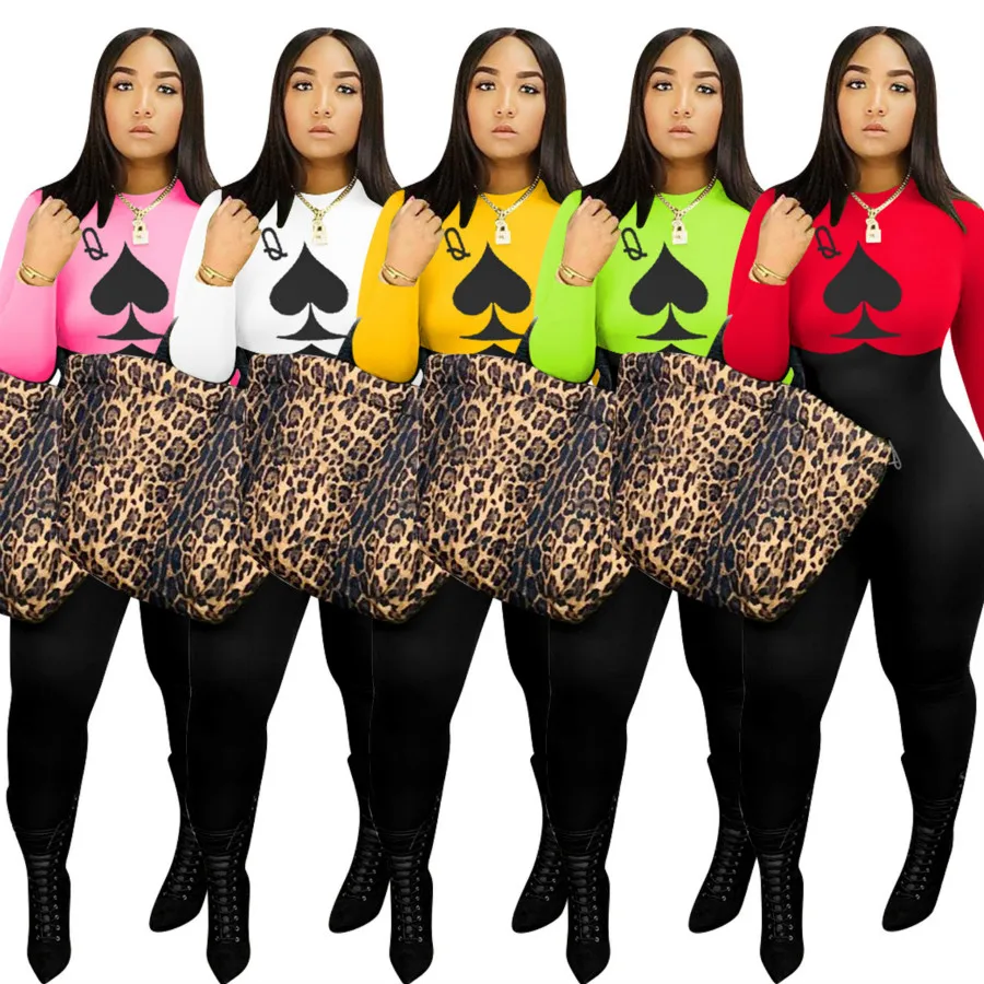 

2020 European and American popular long sleeve poker printed Jumpsuit