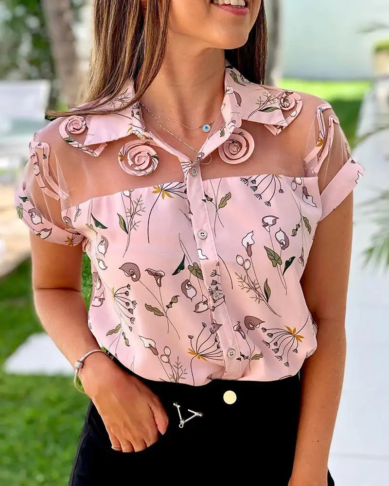 Осенняя женская элегантная повседневная рубашка с цветочным принтом, стильный топ для отдыха, сетчатая блузка с коротким рукавом и принтом