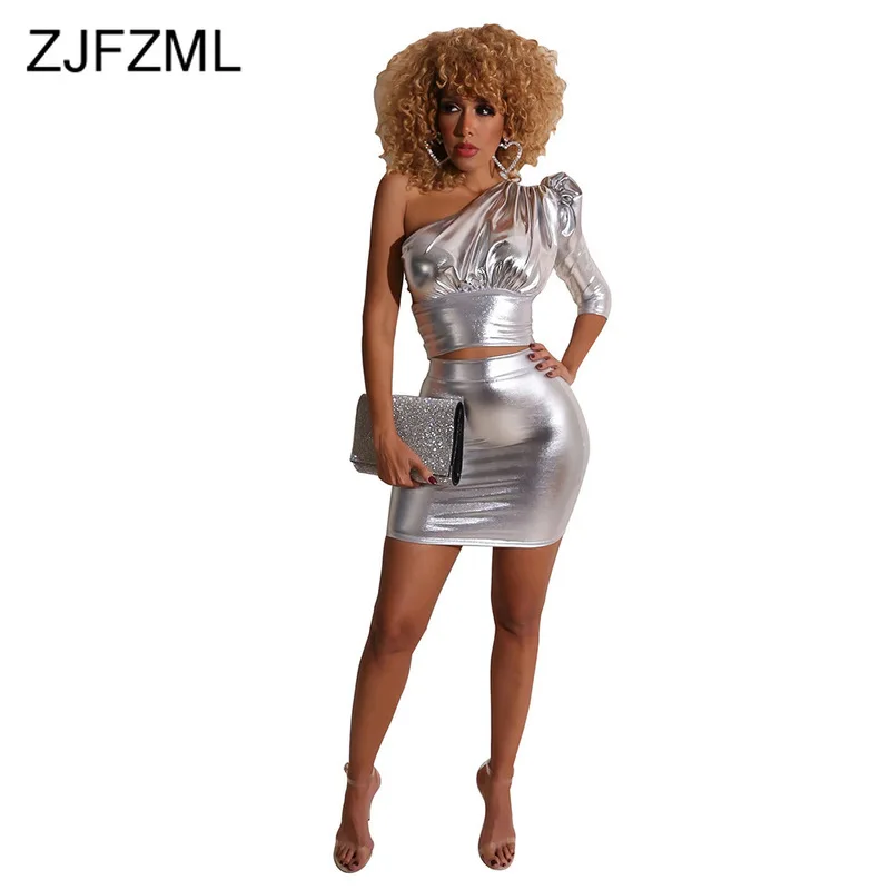 Metallic Color Two Piece Set Bandage Dress Women One Shoulder 3/4 Sleeve Bodycon Sexy High Waist Backless Club Party | Женская одежда