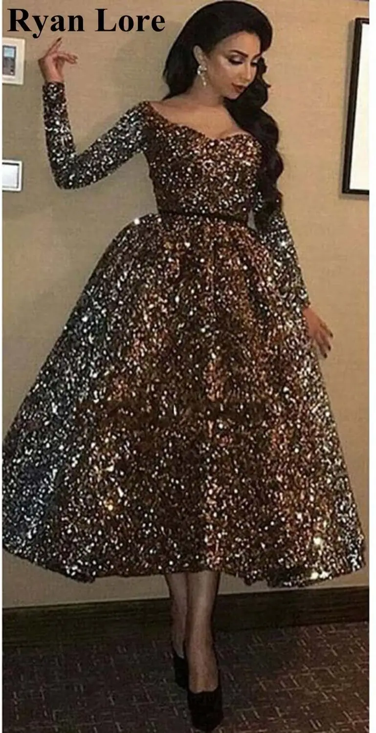 

Sparkly Sequined Evening Dresses 2020 New Tea Length Ball Gown Prom Gowns Long Sleeves robe de soiree Women Party Formal mariage
