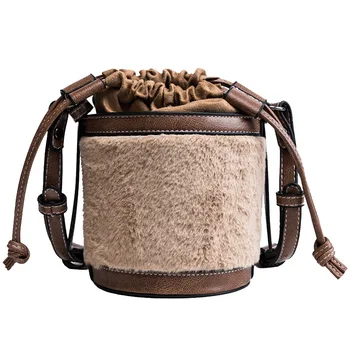 

Vintage Women Leather Handbags Bucket Shoulder Bags Plush Messenger Bags Ladies Large Capacity Crossbody Bags Winter new Arrival