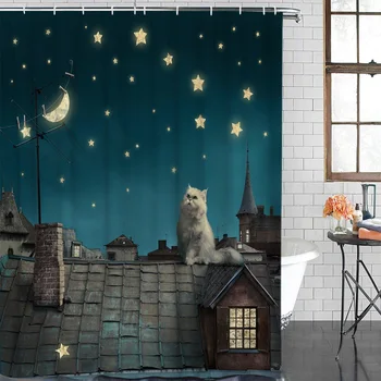 

Shower Curtain Roof Kitten Night Moon Stars Waterproof Polyester Fabric Bathroom Curtain Home Decoration Bathroom Shower Curtain