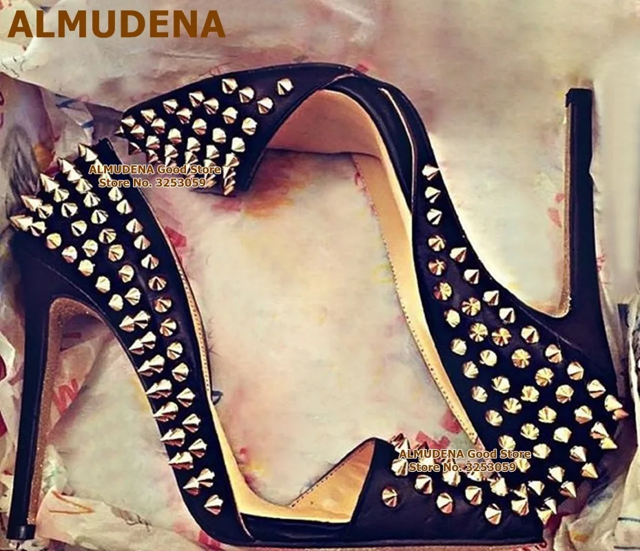 ALMUDENA Gold Rivets High Heel Shoes 12cm 10cm 8cm High Heel Pointed Toe Banquet Shoes Full Spikes Wedding Size45 Dropship|Women's Pumps| - AliExpress