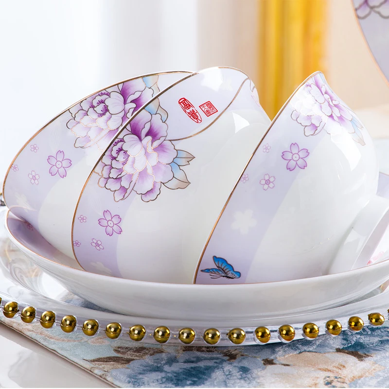 60 Heads Dinnerware Set Tableware Rice Bowl Dish Salad Noodles Bowl Plate chinese dishes Tableware Kitchen Tableware