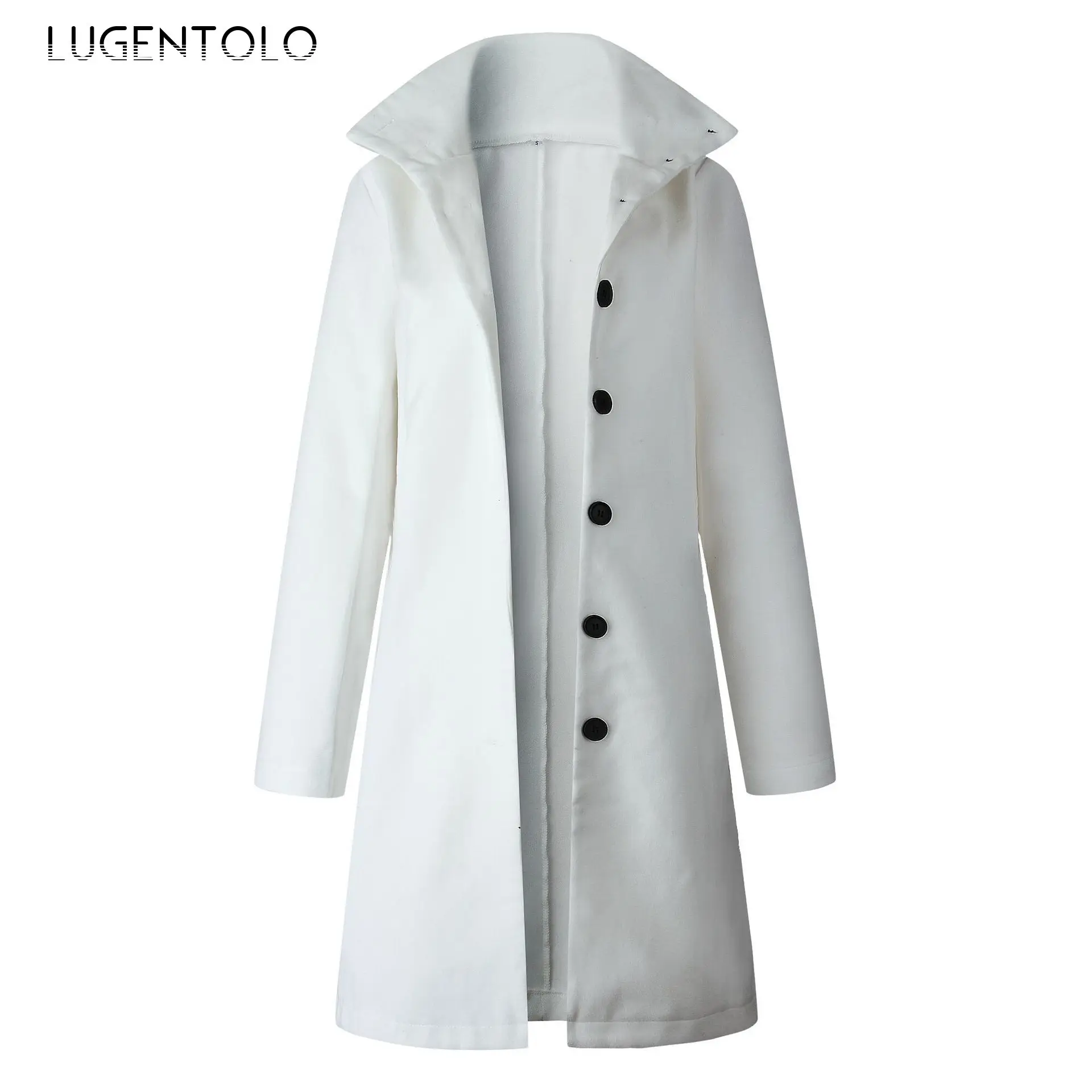 Lugentolo Women Long Coat Wool Autumn Fashion Casual Black White Solid Single-breasted Street Trend Turn-down Collar Coat