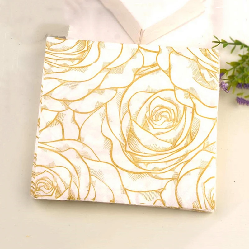 Paper Napkins 20Pcs/Bag Gold Rose Napkins Paper Pattern Decoupage Napkin Paper Tissue for Xmas Wedding Decor Party Table Supplies