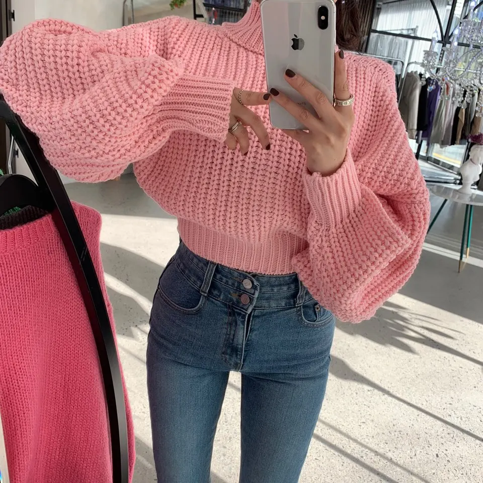 RUGOD Korean solid sweater women elegant lantern sleeve single-breasted turtleneck pullover Fashion auturm women clothes