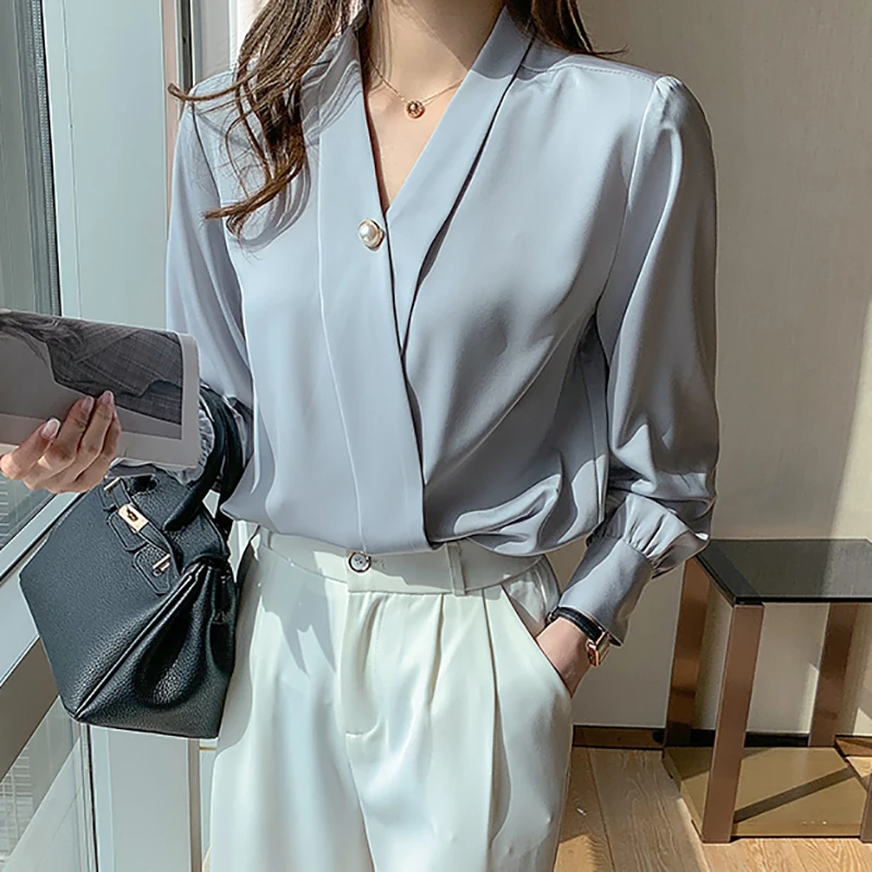 New V-Neck Silk Shirts Women Pullover Short Sleeve Summer Tops 2021 Button Women Blouses Satin Clothing Office Lady Solid Blouse