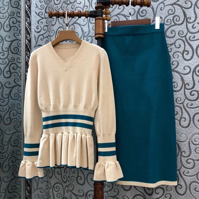 Женский комплект, осенне-зимний Высококачественный свитер, костюм, женские пуловеры в полоску с v-образным вырезом+ вязаная юбка до середины икры, комплект для женщин