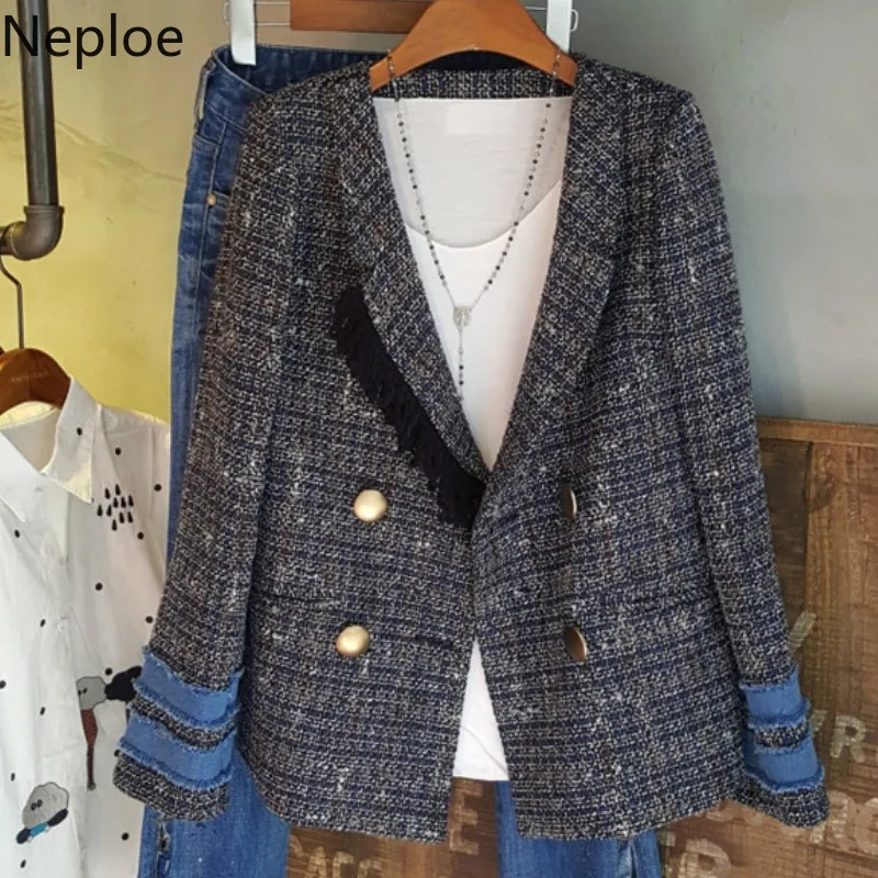 

Neploe Autumn New Small Fragrance Plaid Blazer Feminino Patch Short Office Work Style Blaser Femme Casual Elegant Jacket 46193