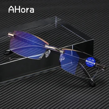Ahora Men Rimless Reading Glasses Women Anti Blue Light Blocking Square Frameless Presbyopic Glasses Diopters +1.0 1.5 2 2.5 4.0