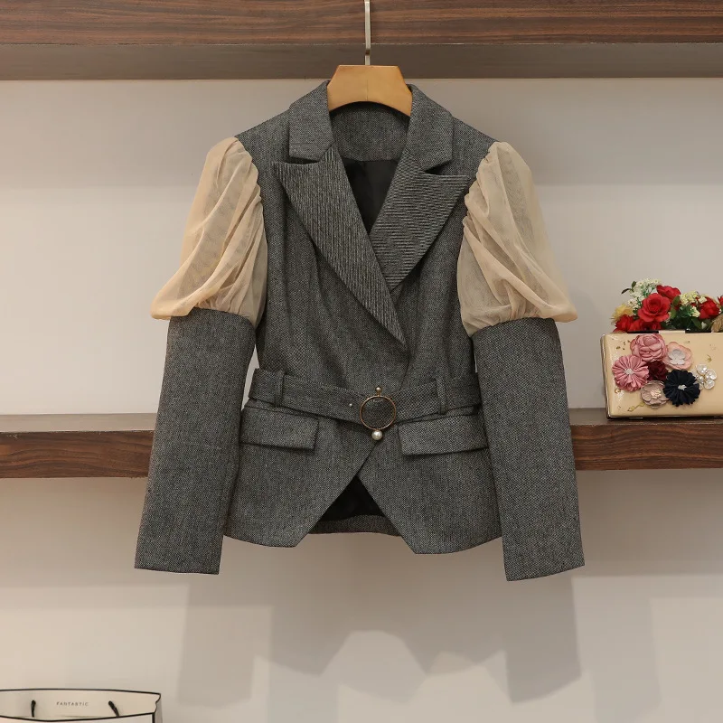 

Autumn and Winter 2019 Mesh Foam Sleeve Splicing Suit Turn-down Collar Sashes Women Jacket Coat Suit