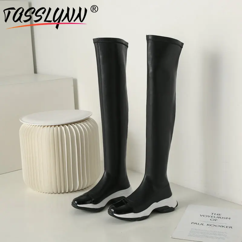 TASSLYNN/ г. Обувь облегающие сапоги элегантные сапоги из натуральной эластичной ткани в Корейском стиле без застежки Сапоги выше колена с круглым носком, Размеры 35-39