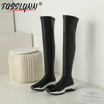 

TASSLYNN 2019 Shoes Slim Boots Korea Style Elegant Genuine Leather Stretch Fabric Slip-On Over The Knee Boots Round Toe 35 39