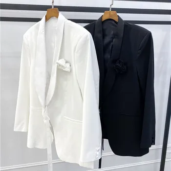 

Women's Elegant Blazer Coat Lace-Up Three-Dimensional Rose Design Jacket 2020 New Female Ol Office Suit Outwear Tops