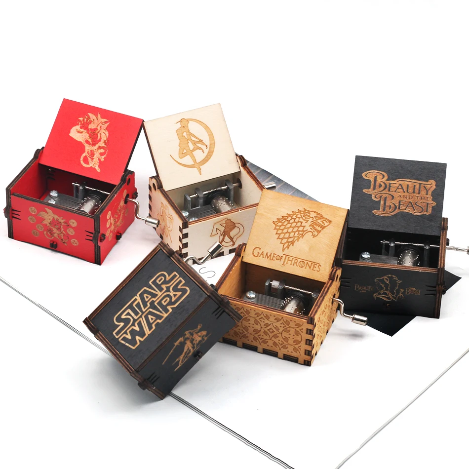 

Wholesale antique Hand Cranked Wood Music Box game of thrones Imagine John Star War Castle In The Sky Zelda Christmas Gift
