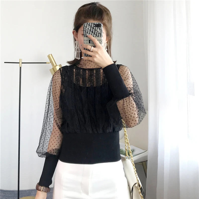

Women Sweater Dot Mesh Jumper Slim Elegant Fake Lace Long Sleeve Back Split Knitted Crop Top Runway Pullovers Autumn Streetwear