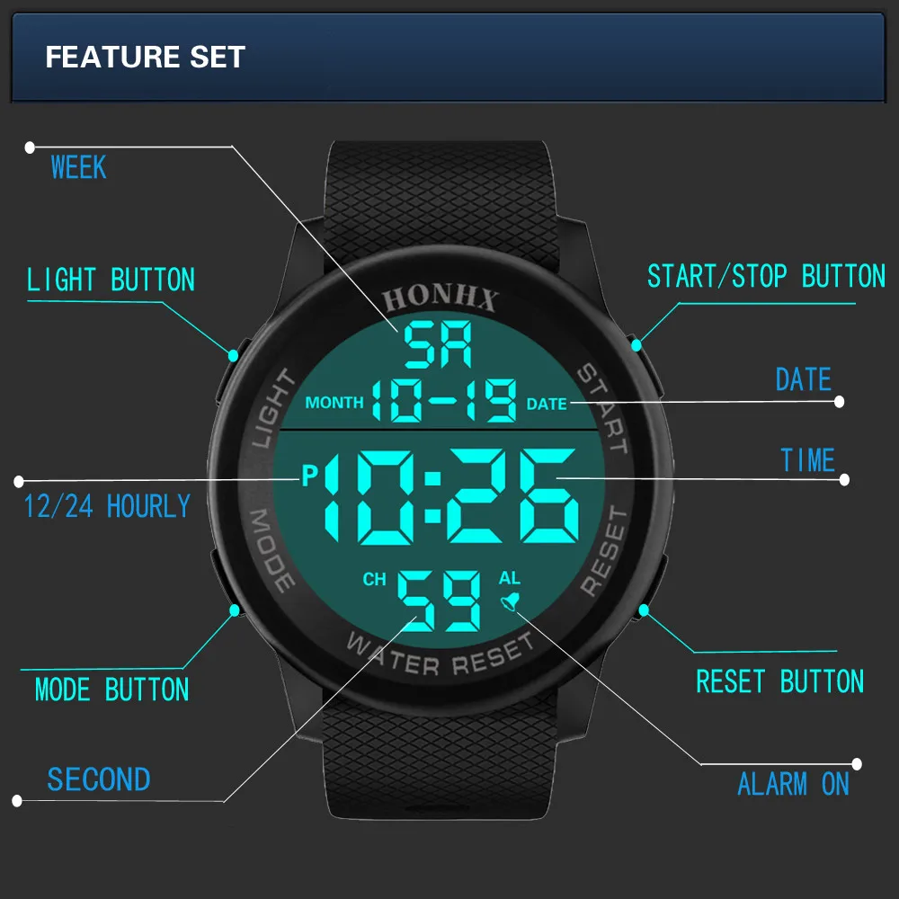 HONHX, мужские цифровые часы, многофункциональные электронные часы с большим экраном, водонепроницаемые, Reloj Deportivo Hombre, модный стиль 2019