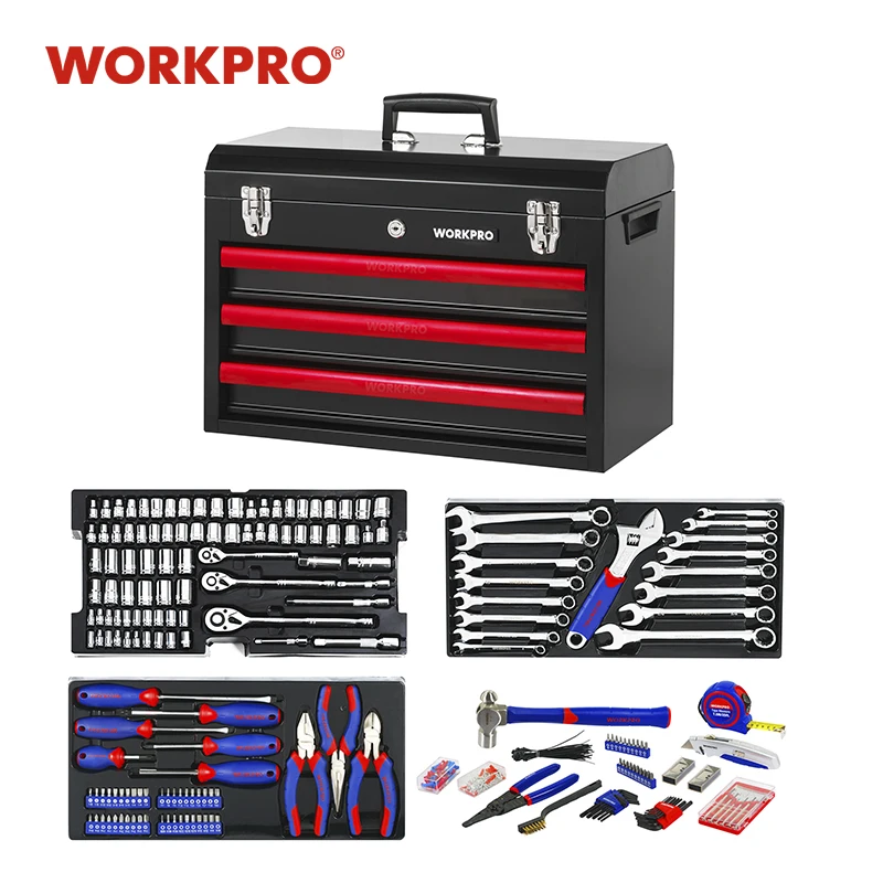 Workpro-ツールセット,3つの引き出し,頑丈な金属ボックス