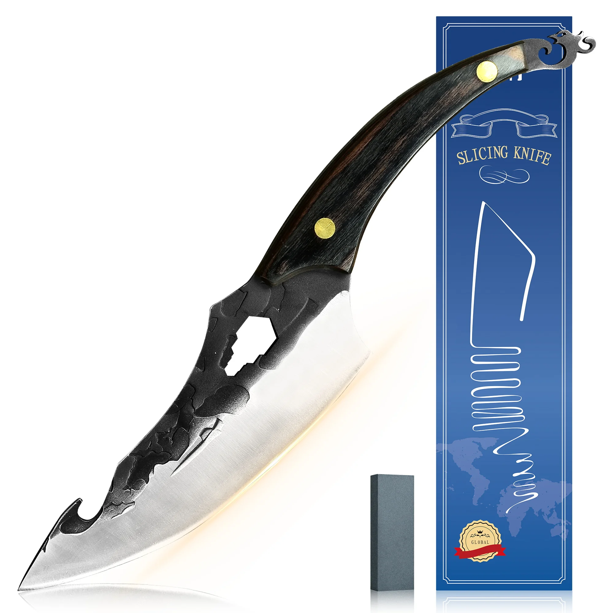 

Full Tang Chef Boning Knife With Gift Box Whetstone Razor Sharp Fixed Hammered Blade Bottle Opener And Hex Wrench Design