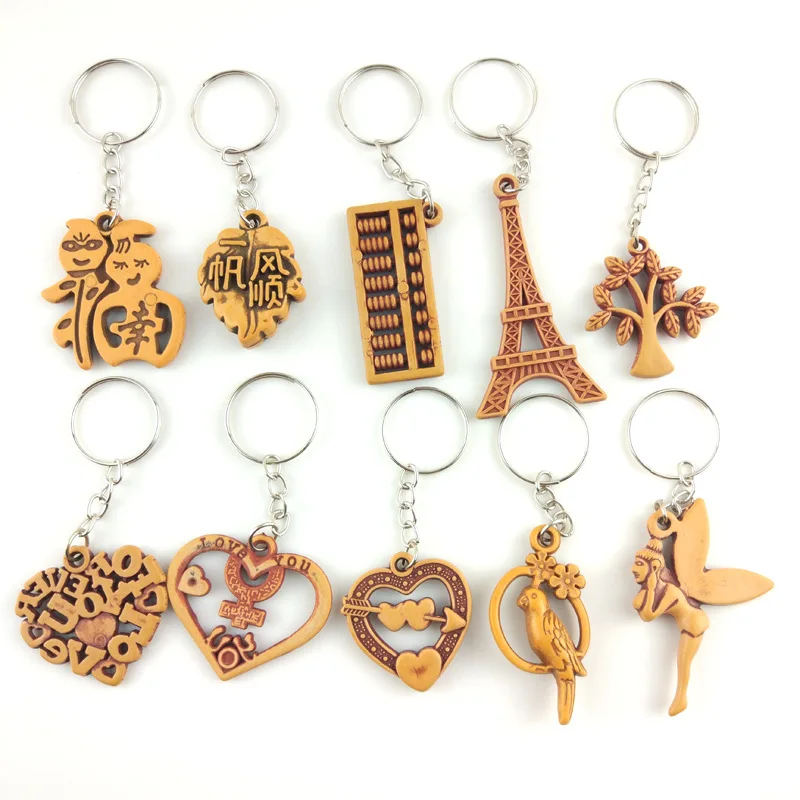 Giveaway Peach wood keychain pendant G-2 beautiful brown color wooden keychain poppy flowers pattern wood keyrings glass cabochon jewelry pendant men women keychain gift