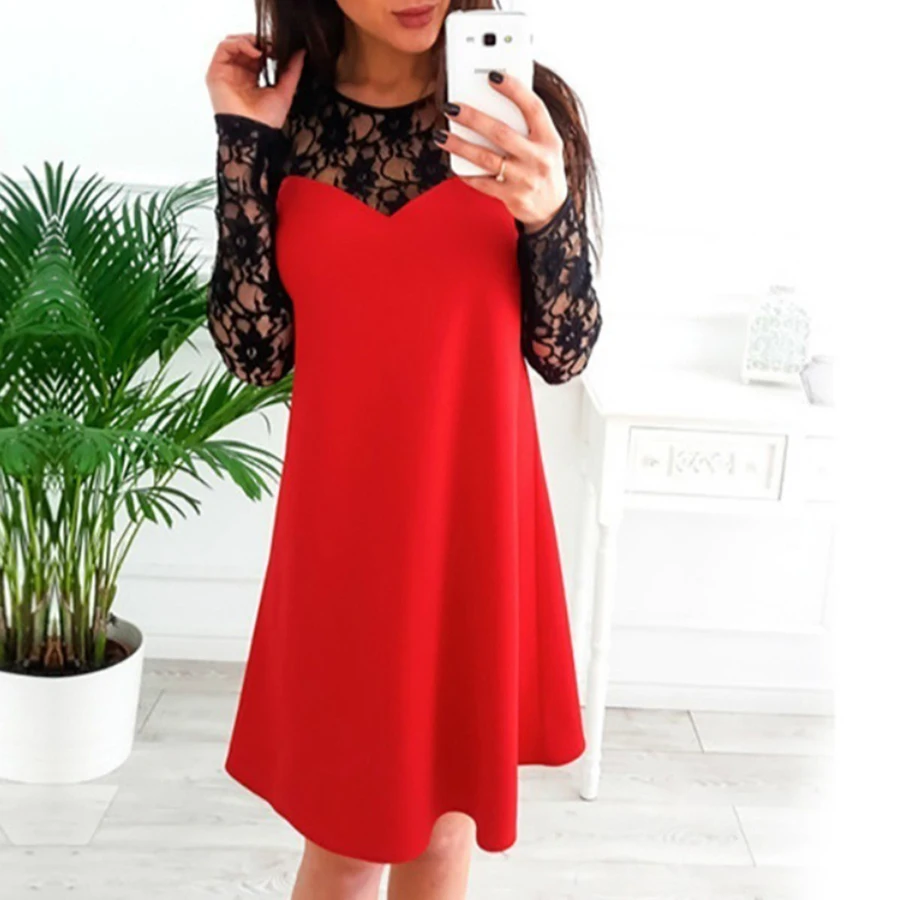 

Sexy Patchwork Lace Dress Women Plus Size O-neck Hollow Out Mesh Bodycon Dress Office Ladies Krean Elegant Slim Dresses Vestidos