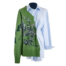 Поддельные из двух частей рубашка для женщин зеленый Винтаж Вязание Лоскутное синий отложной воротник с длинным рукавом рубашки Blusas Mujer De