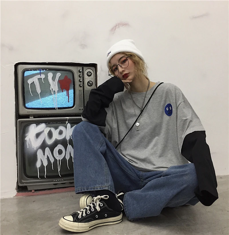 men clothes 2019 long sleeve t shirt men Smiley embroidery streetwear camisas hombre Oversize  Solid Patchwork hip hop t shirt